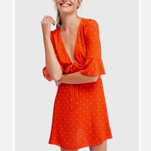 Free People Retro Boho All Yours orange polkadot mini dress size 10